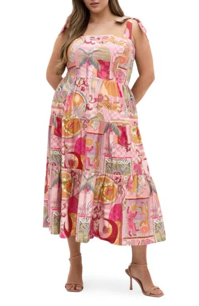 City Chic Ellessia Print Fit & Flare Midi Tie Shoulder Dress In Multi