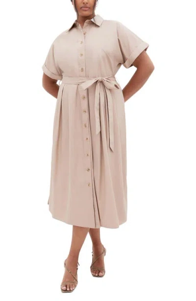 City Chic Elly Short Sleeve Belted Cotton Shirtdress In Ecru