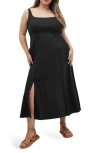 City Chic Elly Square Neck Linen Blend Sundress In Black