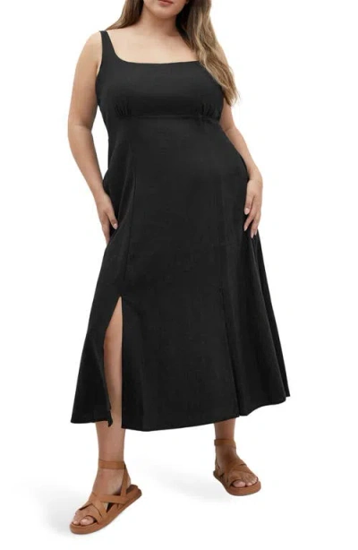 City Chic Elly Square Neck Linen Blend Sundress In Black