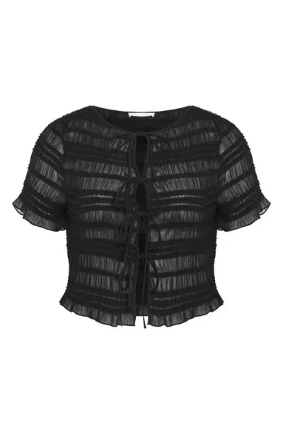 City Chic Emelia Shirred Tie Front Top In Black
