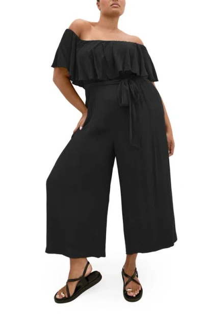 City Chic Emery Off The Shoulder Wide Leg Jumpsuit In Black