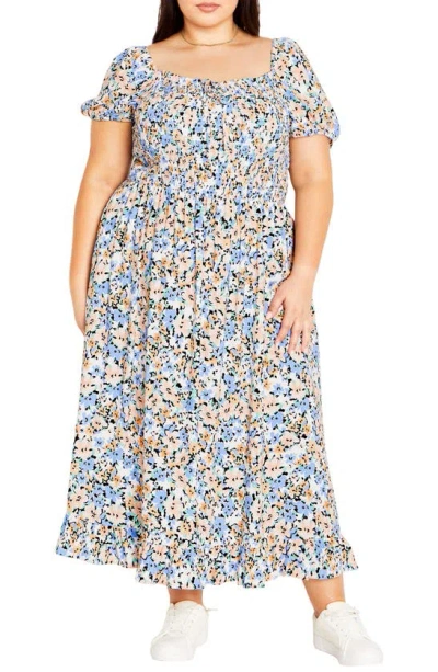 City Chic Emilee Floral Smocked Maxi Dress In Peach Petal