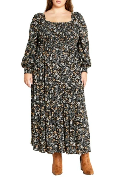 City Chic Emilie Smocked Bodice Long Sleeve Maxi Dress In Ditsy