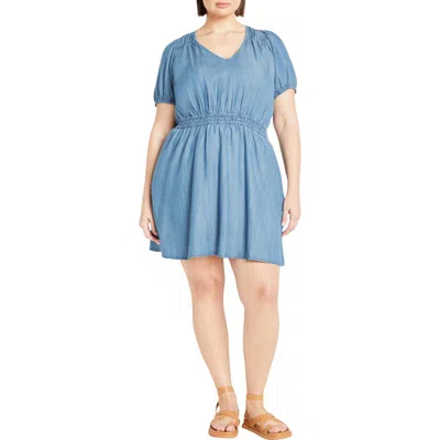 City Chic Emma Puff Sleeve Chambray Minidress In Blue