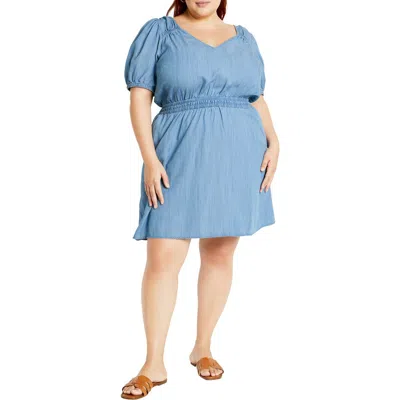 City Chic Emma Puff Sleeve Chambray Minidress In Light Wash