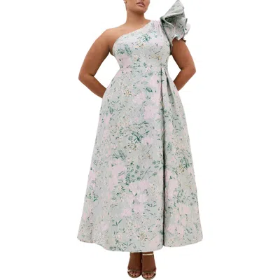 City Chic Enchanting Metallic Puff Sleeve One-shoulder Gown In Blue