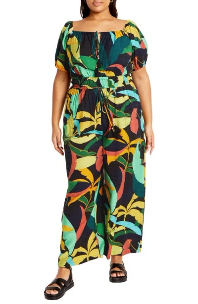 City Chic Erica Palm Print Wide Leg Jumpsuit In Barbados