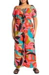 City Chic Erica Palm Print Wide Leg Jumpsuit In Red Barbados