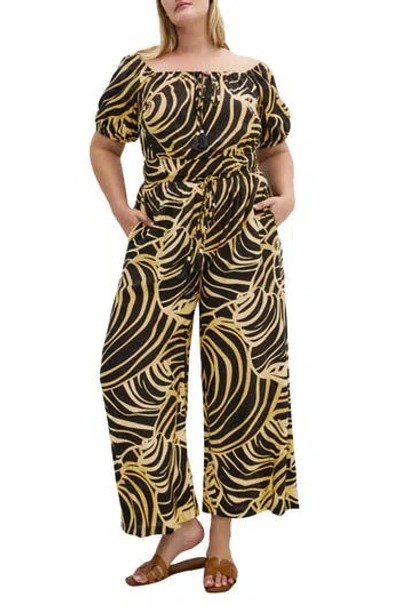 City Chic Erica Swirl Off The Shoulder Jumpsuit In Green