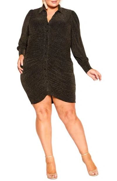 City Chic Estrella Ruched Metallic Long Sleeve Shirtdress In Black