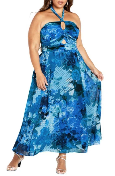 City Chic Everlee Floral Print Halter Dress In Blue Beauty