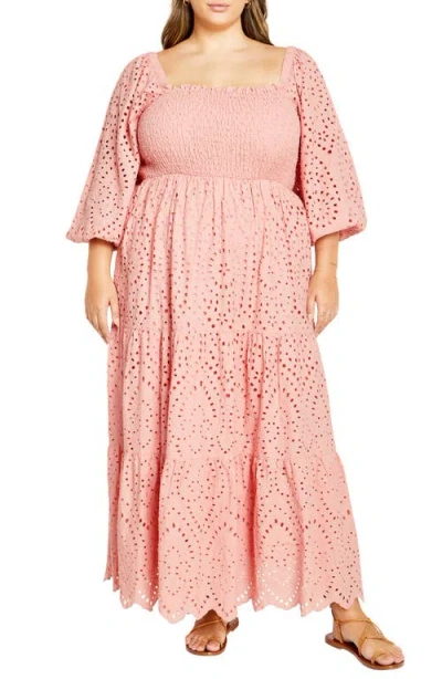 City Chic Eyelet Three-quarter Sleeve Maxi Dress In Peachy