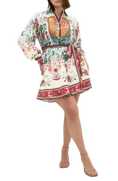 City Chic Ezra Mixed Print Long Sleeve Shirtdress In Multi