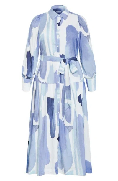 City Chic Ezra Print Midi Shirtdress In Blue