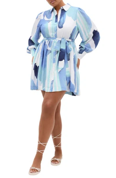City Chic Ezra Tie Waist Long Sleeve Minidress In Blue