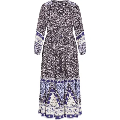 City Chic Faith Border Print Long Sleeve Maxi Dress In Blue