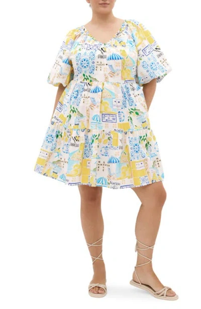 City Chic Fantasy Amalfi Print Tiered Minidress In Multi