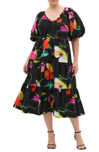 City Chic Fantasy Floral Cotton Midi Dress In Black