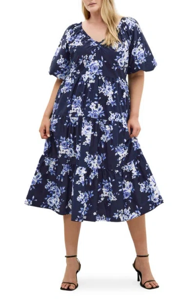 City Chic Fantasy Print Flared Midi Dress In Blue