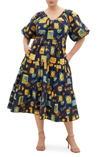 City Chic Fantasy Print Flared Midi Dress In Blue