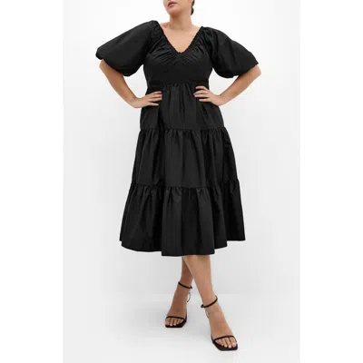 City Chic Fantasy Tiered Puff Sleeve Midi Dress In Black