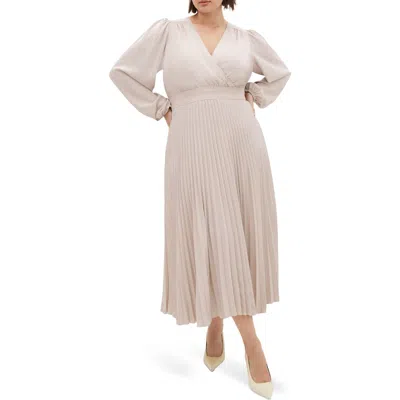 City Chic Fate Long Sleeve Pleated Maxi Dress In Neutral