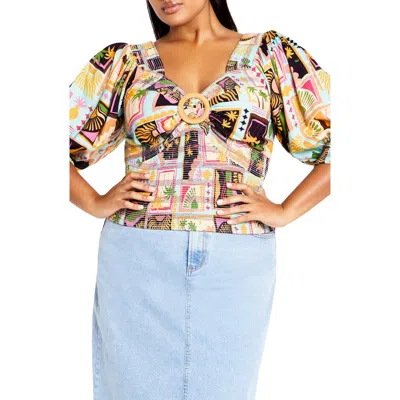 City Chic Faye Puff Sleeve Top In Multi