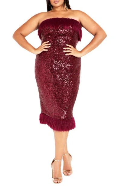 City Chic Feather Trim Sequin Strapless Dress In Red