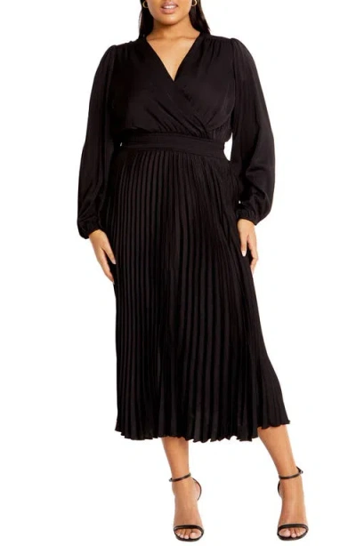 City Chic Finley Long Sleeve Satin Midi Dress In Black | ModeSens