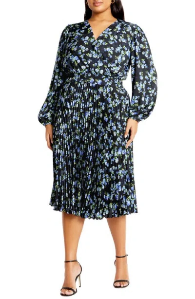 City Chic Finley Pleated Long Sleeve Dress In Blue Mini Blooms