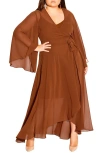City Chic Fleetwood Long Sleeve Wrap Maxi Dress In Ginger