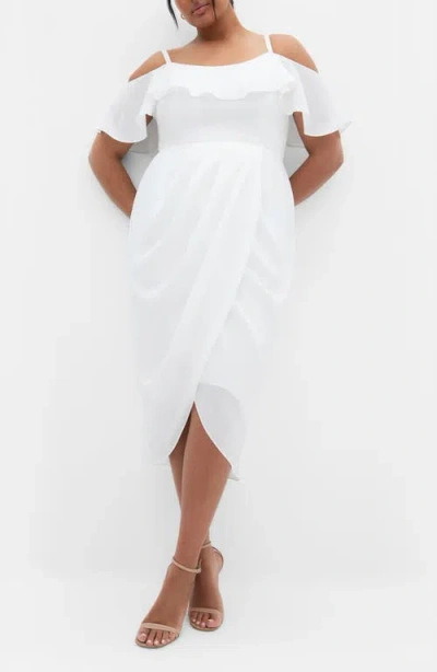 City Chic Flirtation Ruffle Off The Shoulder Cocktail Dress In White