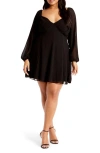 City Chic Flirty Flounce Long Sleeve Minidress In Black