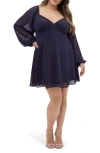City Chic Flirty Flounce Long Sleeve Minidress In Navy