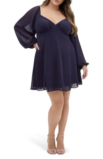 City Chic Flirty Flounce Long Sleeve Minidress In Navy