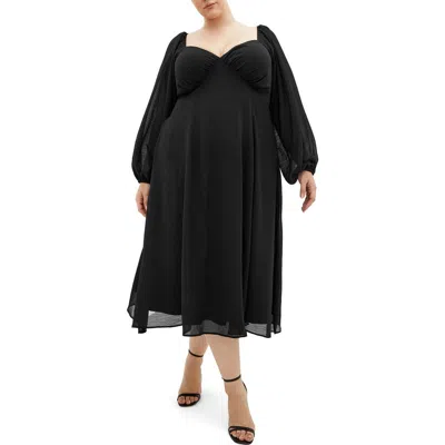 City Chic Flirty Long Sleeve Cocktail Midi Dress In Black