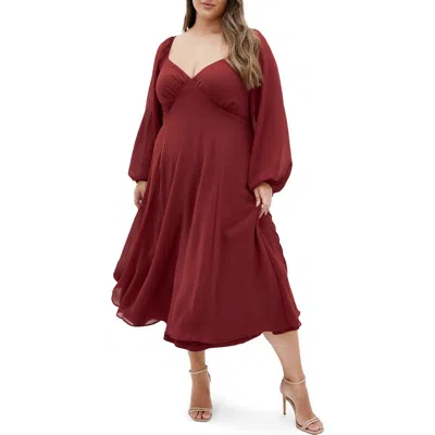 City Chic Flirty Long Sleeve Cocktail Midi Dress In Henna