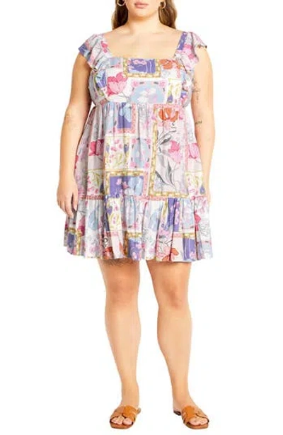 City Chic Flirty Tie Back Ruffle Minidress In Multi