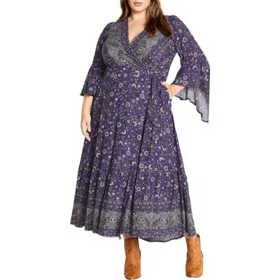 City Chic Floral Border Print Wrap Front Maxi Dress In Blue Border