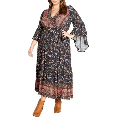 City Chic Floral Border Print Wrap Front Maxi Dress In Slate Border