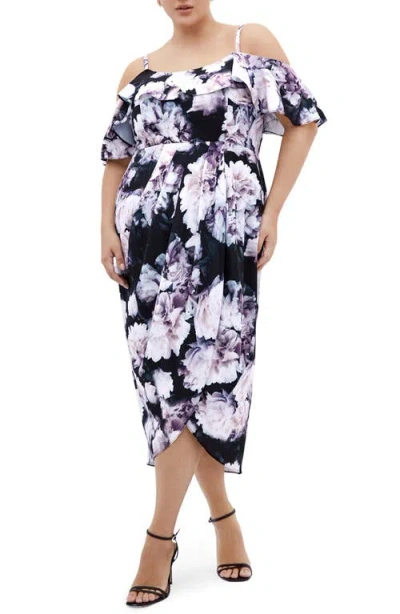 City Chic Floral Drape Cold Shoulder Midi Dress