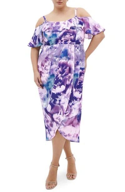 City Chic Floral Drape Cold Shoulder Midi Dress In Purple