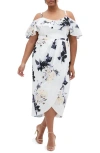 City Chic Floral Drape Cold Shoulder Midi Dress In White