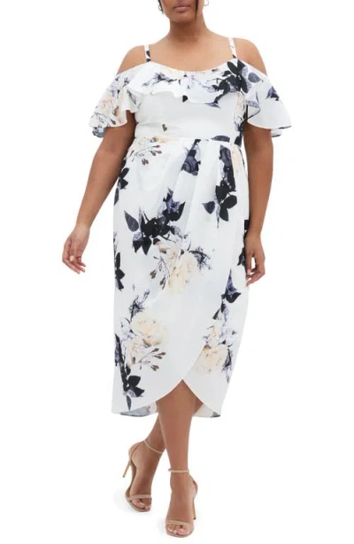City Chic Floral Drape Cold Shoulder Midi Dress In White