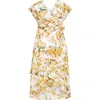 City Chic Floral Faux Wrap Tiered Midi Dress In Yellow