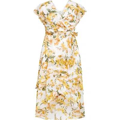 City Chic Floral Faux Wrap Tiered Midi Dress In Yellow