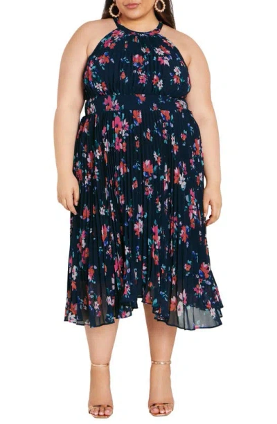 City Chic Floral Pleated Midi Dress In Navy Lotte Bunch
