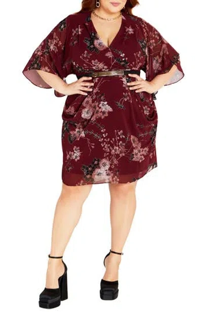 City Chic Floral Print Dress In Burgundy