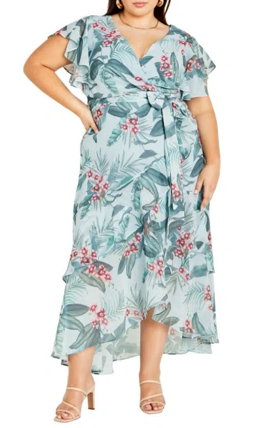 City Chic Floral Print Faux Wrap Dress In Seafoam Maya Orchid